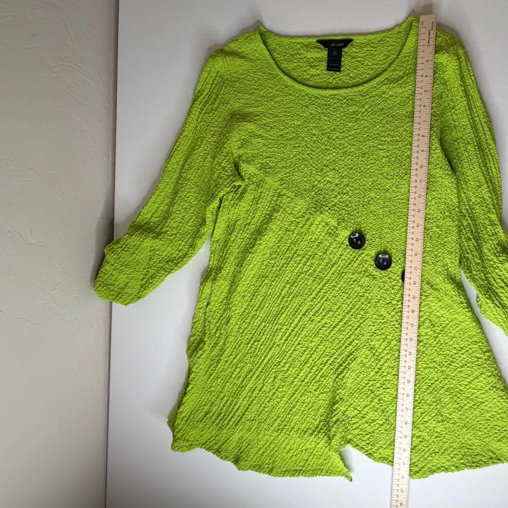 Ali Miles Womens Lime Green Textured Button Accent Roll Tab Sleeve Tunic Top L - Picture 8 of 9